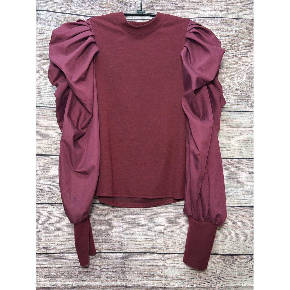 Hyfve Burgundy Pleated Puff Sleeve Mock Neck Ribbed Knit Top Blouse HF25A714 L